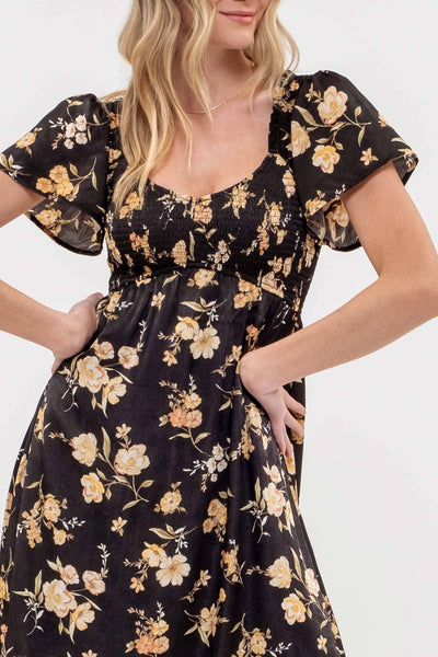 Black Floral Smocked Midi Dress