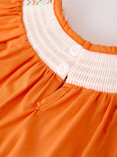Orange Pumpkin Smock Embroidery Lace Baby Girl Romper