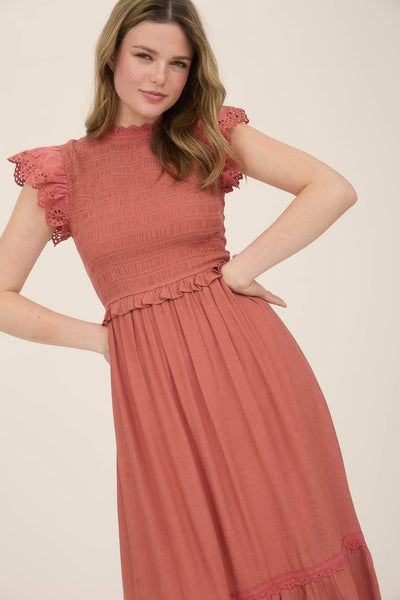 Terracotta Smocked Midi Dress