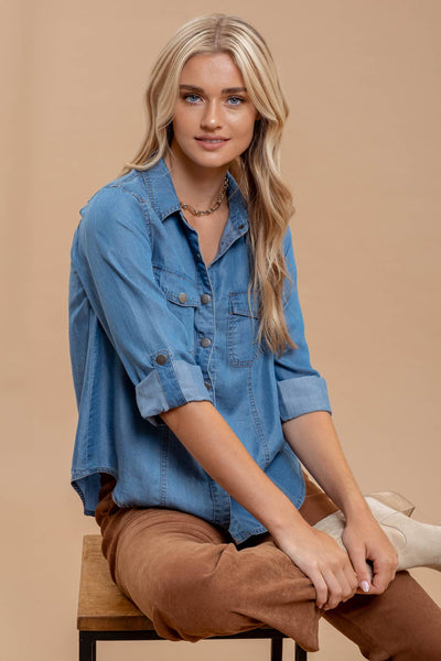 Chambray Collared Button Down Top