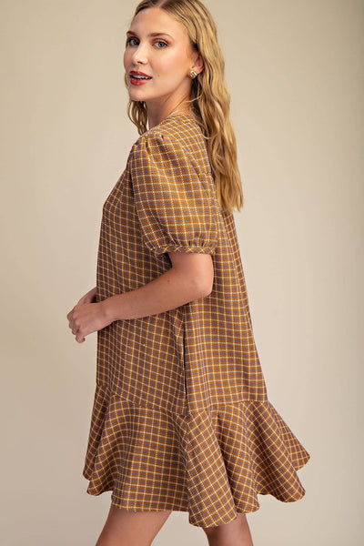 Camel Puff Sleeve Mini Dress