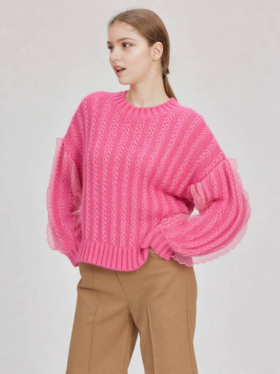 Cream Lace Trim Oversized Knit Sweater