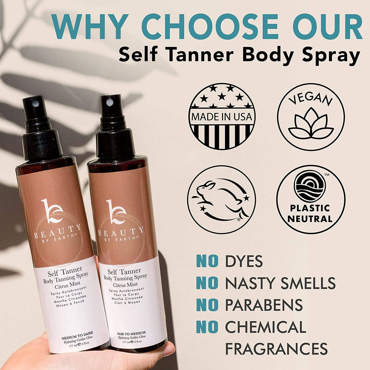 Beauty by Earth Self Tanner Body Spray 6oz,  (2 Shades): Medium to Dark