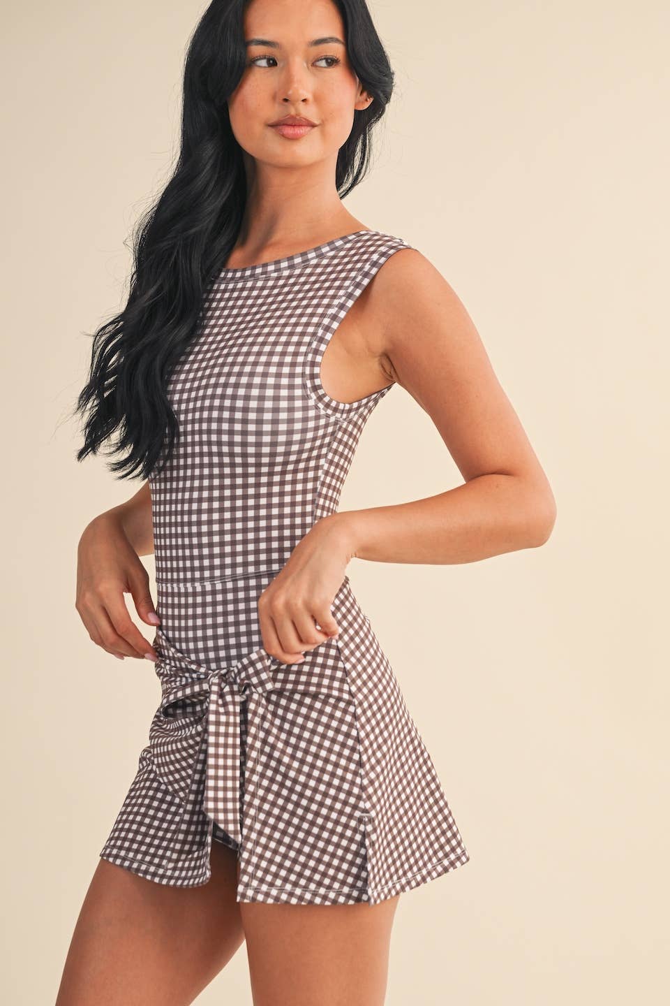 Brown Gingham Sleeveless Wrap Tie Front Dress