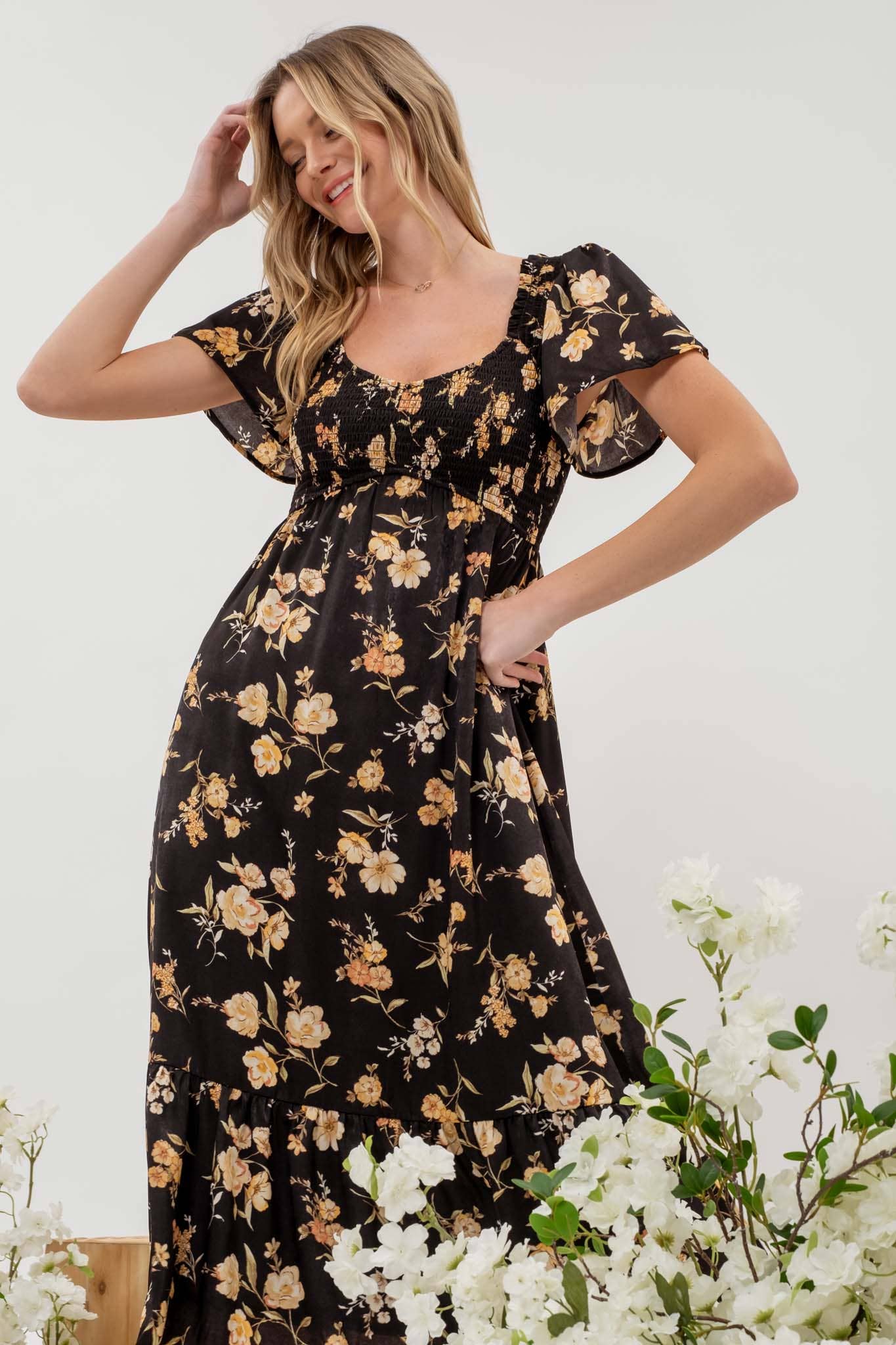 Black Floral Smocked Midi Dress