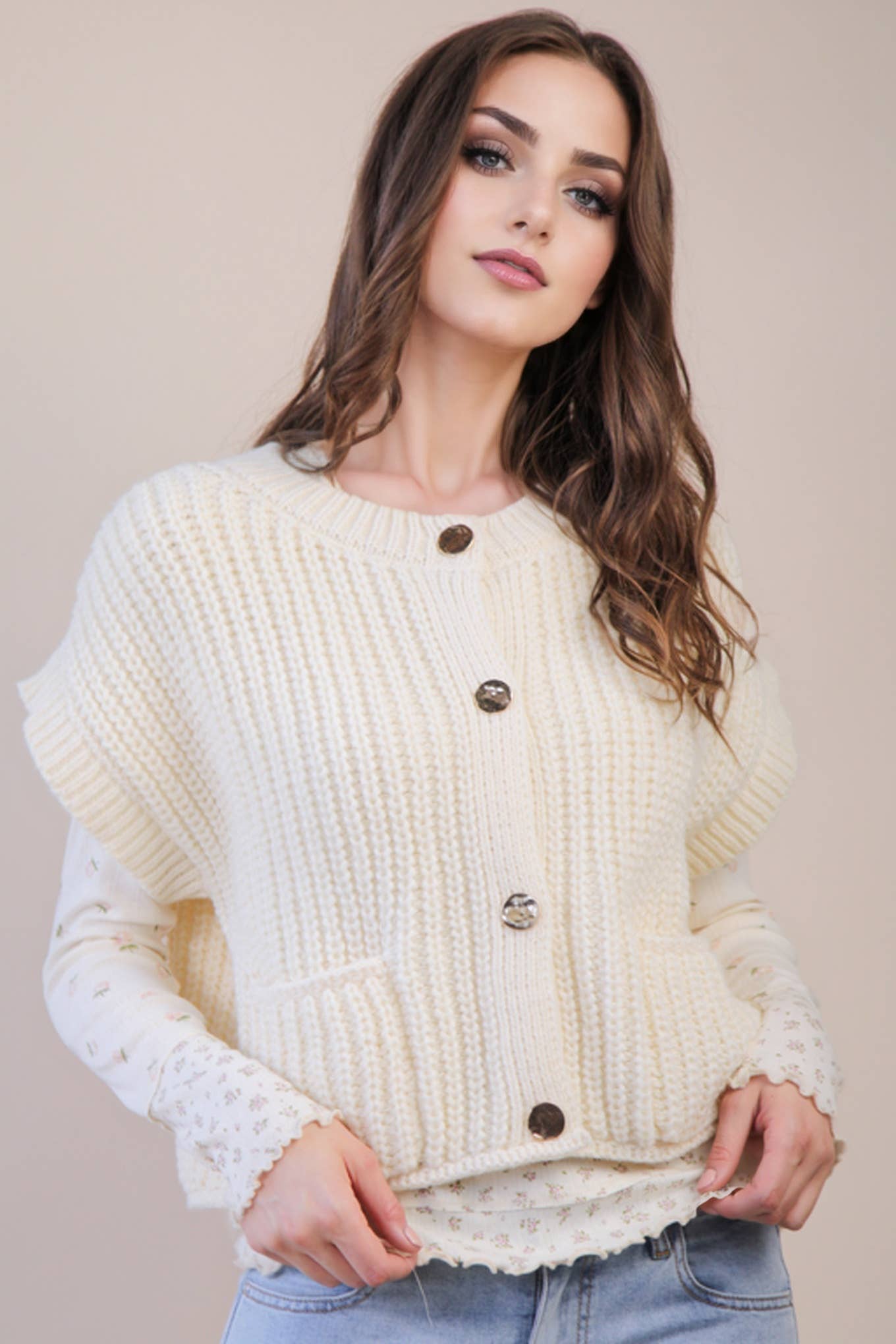 Cream Oversized Button Knit Sweater
