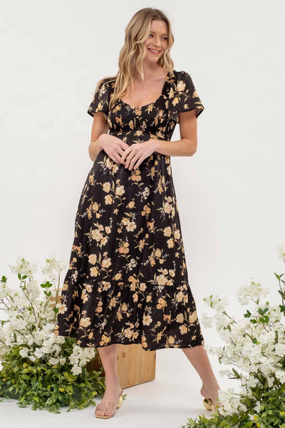 Black Floral Smocked Midi Dress