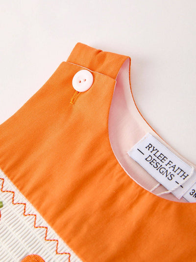 Orange Pumpkin Smock Embroidery Baby Boy Romper