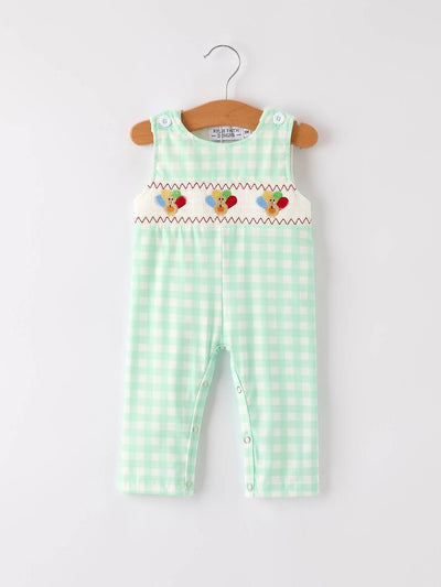 Green Chicken Smock Embroidered Plaid Baby Boys Romper