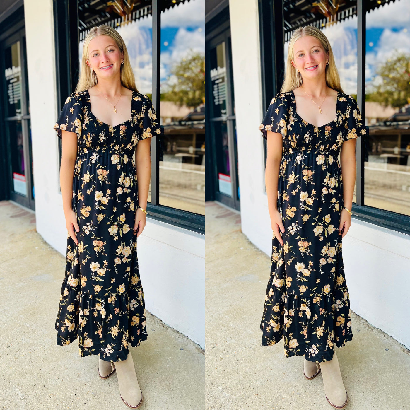 Black Floral Smocked Midi Dress