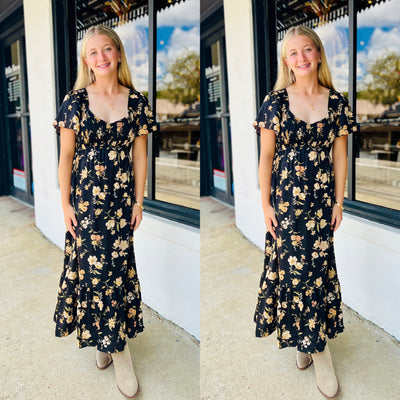 Black Floral Smocked Midi Dress