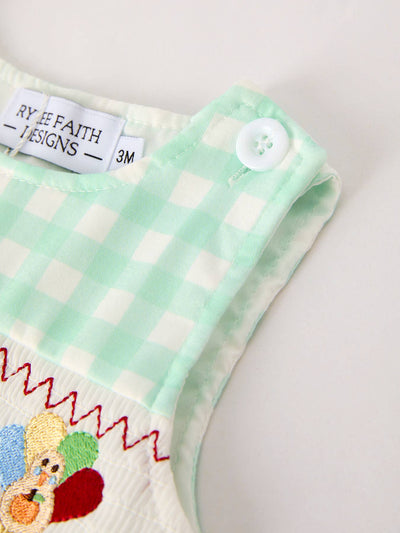 Green Chicken Smock Embroidered Plaid Baby Boys Romper