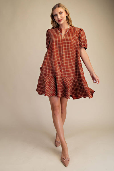 Camel Puff Sleeve Mini Dress