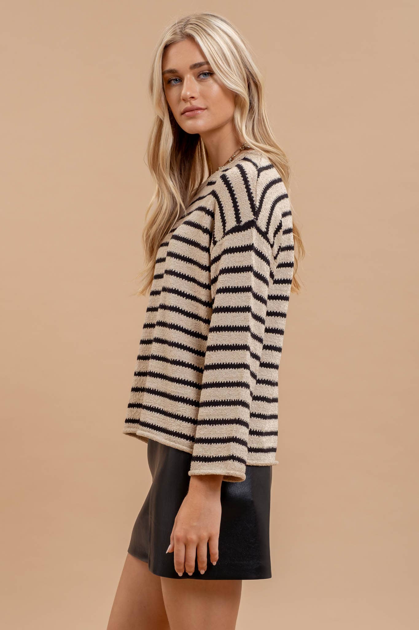 Taupe Stripe Boat Neck Sweater