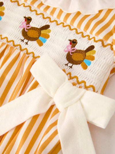 Chicken Smock Embroidered Orange Stripes Baby Girl Romper