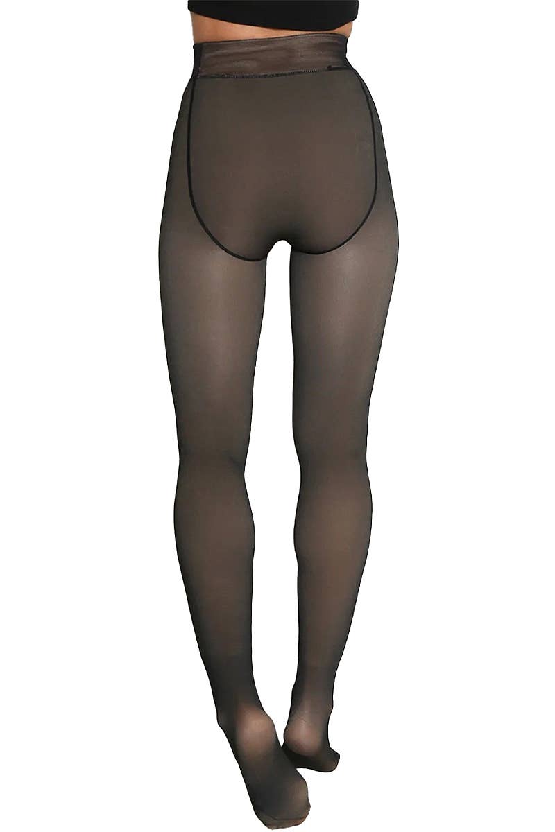 Fake Sheer Fleece Lined Pantyhose Tights: Black