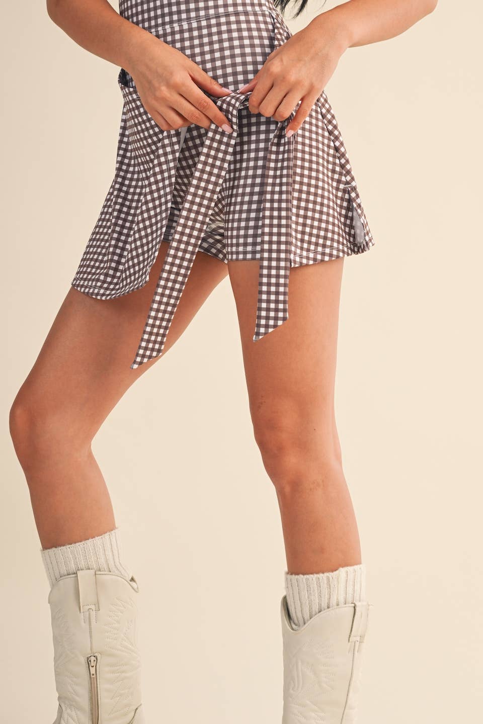 Brown Gingham Sleeveless Wrap Tie Front Dress