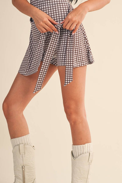 Brown Gingham Sleeveless Wrap Tie Front Dress