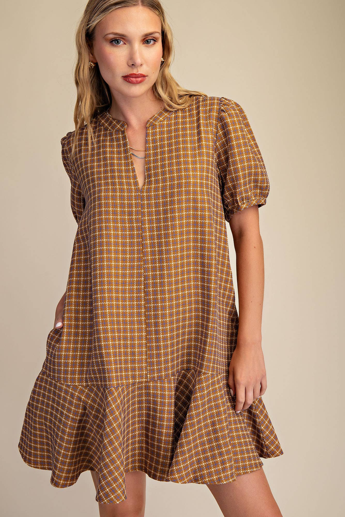 Camel Puff Sleeve Mini Dress