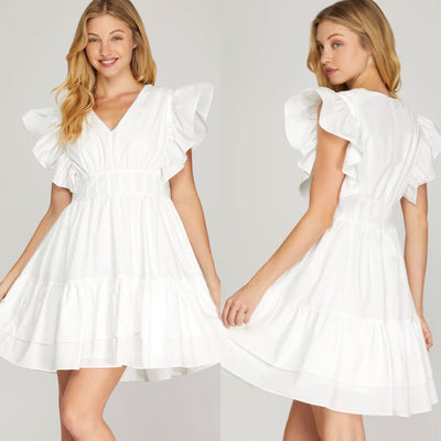 Ruffle Shoulder Pleated Tiered Mini Dress