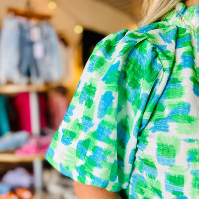 Green Ruffled High Neck Blouse