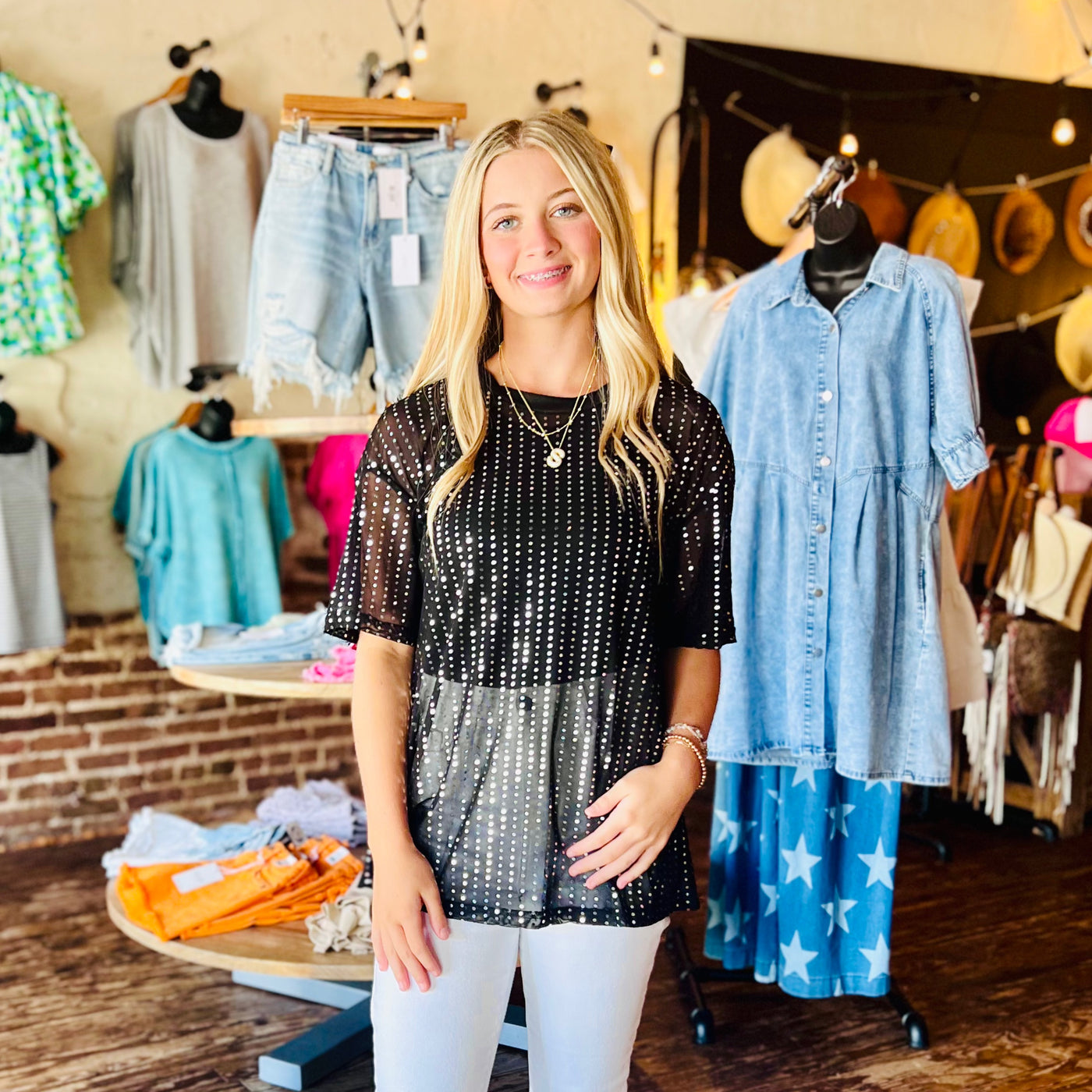 Black Sequin Drop Shoulder Sheer Top