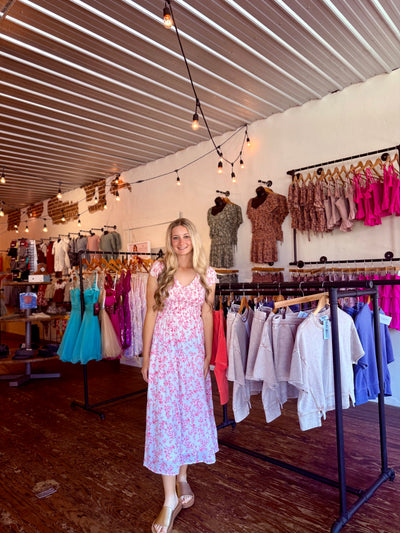 Pink Smocked Floral Midi Dress
