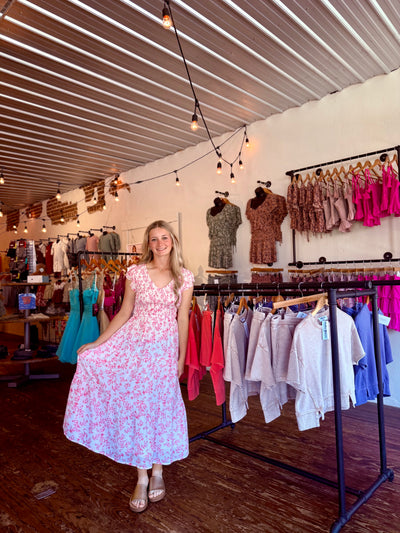 Pink Smocked Floral Midi Dress
