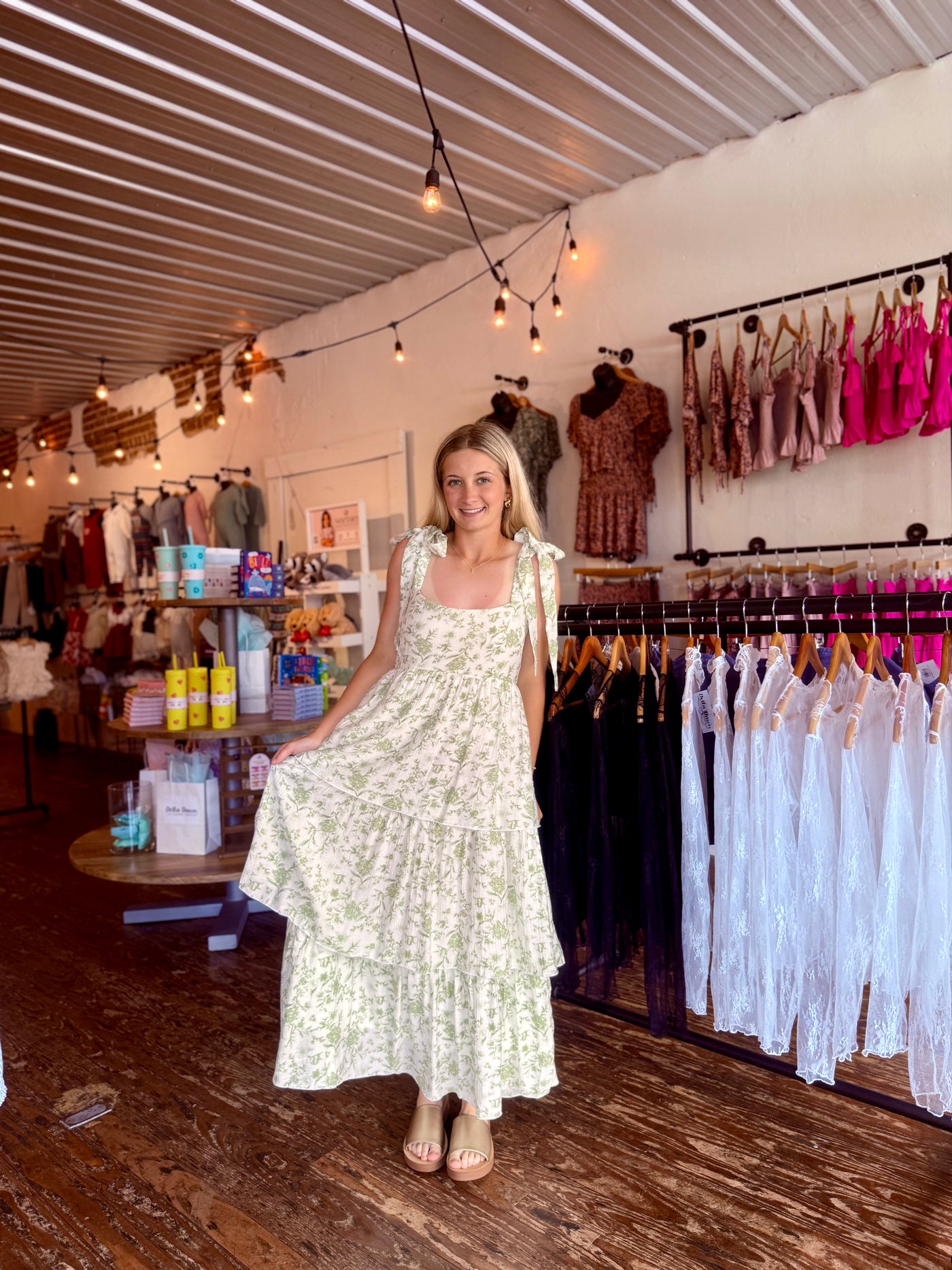 Sage Floral Tiered Midi Dress