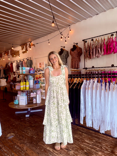 Sage Floral Tiered Midi Dress