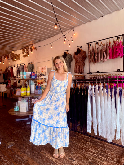 Blue Floral Sweetheart Midi Dress