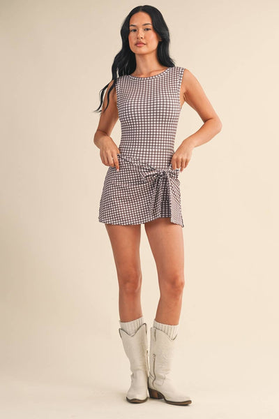 Brown Gingham Sleeveless Wrap Tie Front Dress