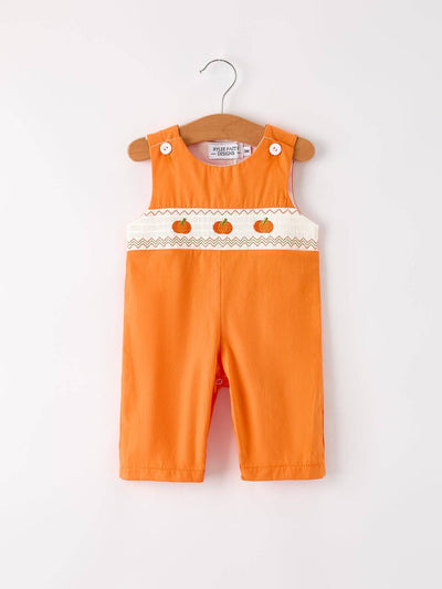 Orange Pumpkin Smock Embroidery Baby Boy Romper