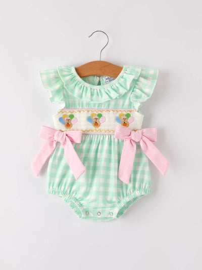 Green Chicken Smock Embroidered Plaid Baby Girls Romper
