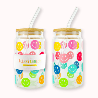 Cleary Lane 16oz Colorful Glass Tumbler with Lid | Rainbow Flowers