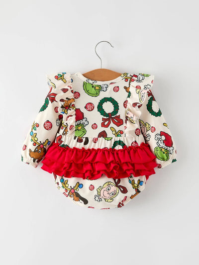Christmas Character Print Baby Girls Romper with Red Bow Detail