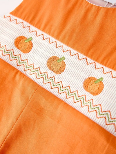 Orange Pumpkin Smock Embroidery Baby Boy Romper
