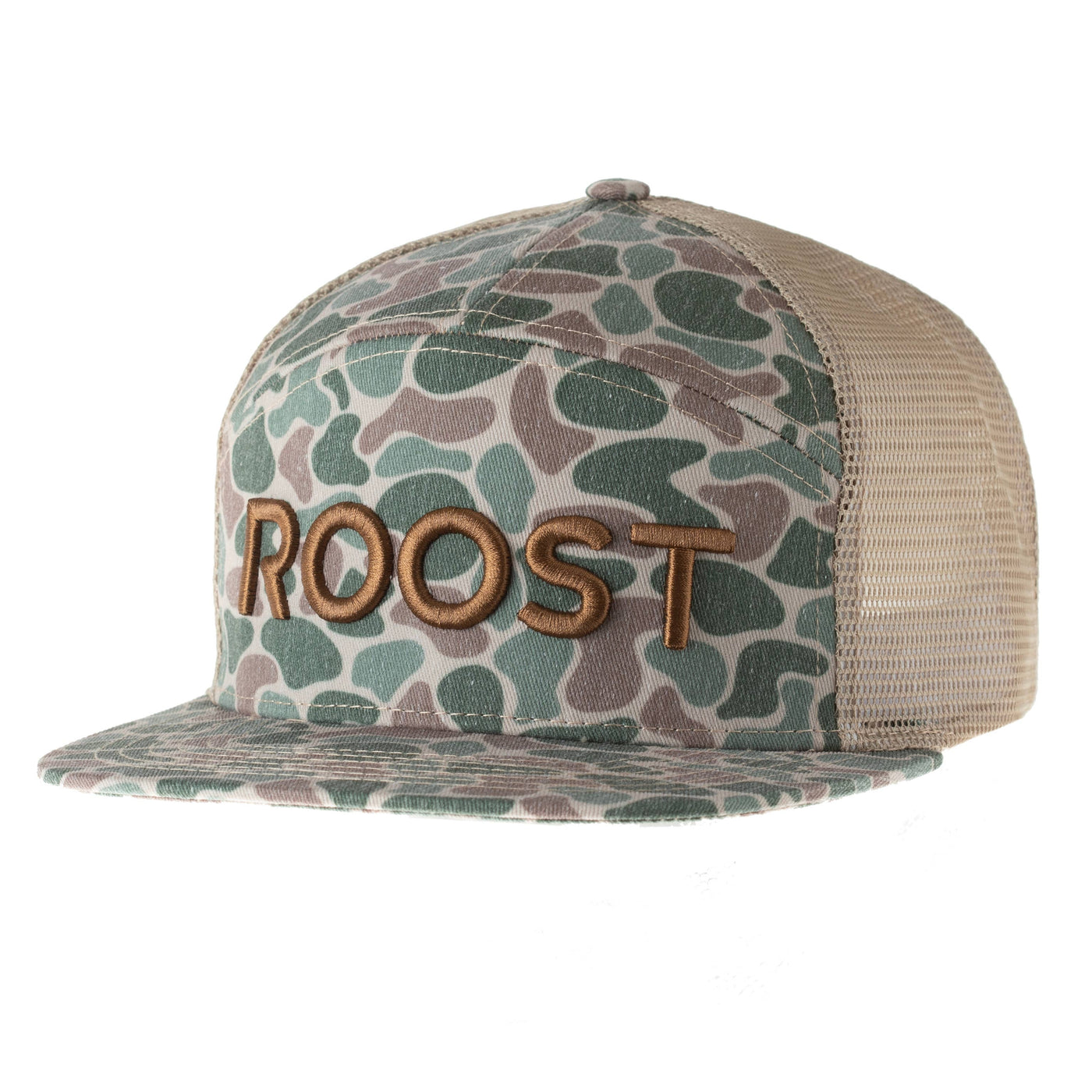 Roost Camo 7 Panel Logo Hat (RH-R-14): Camo/Tan