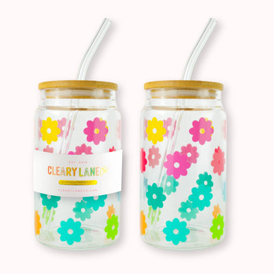 Clearly Lane 16oz Colorful Glass Tumbler with Lid | Rainbow Flowers