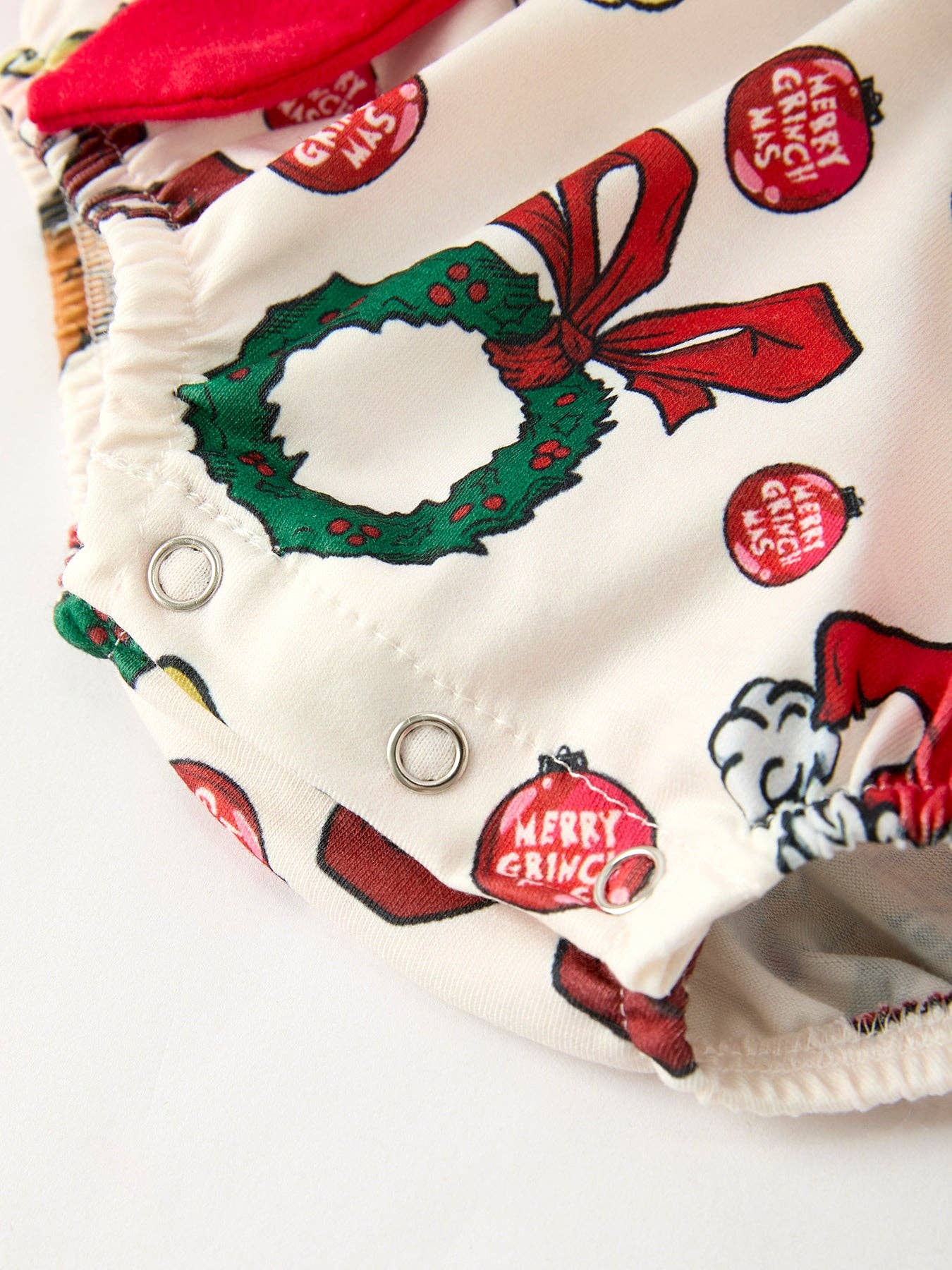 Christmas Character Print Baby Girls Romper with Red Bow Detail