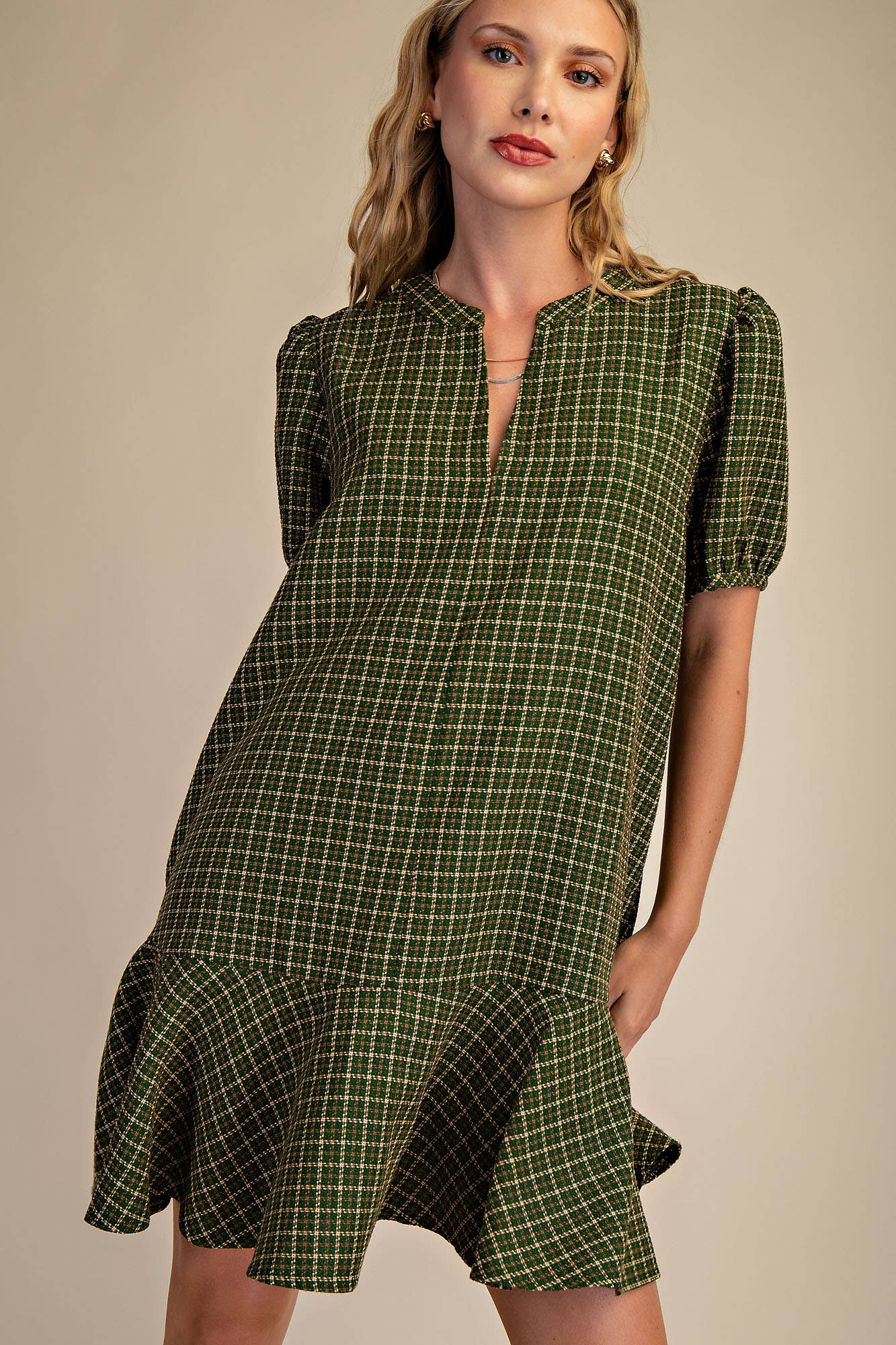 Camel Puff Sleeve Mini Dress