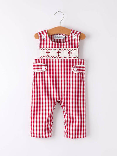 Red Plaid Smocked Church Christ Bishop Christening Baby Boys' Romper