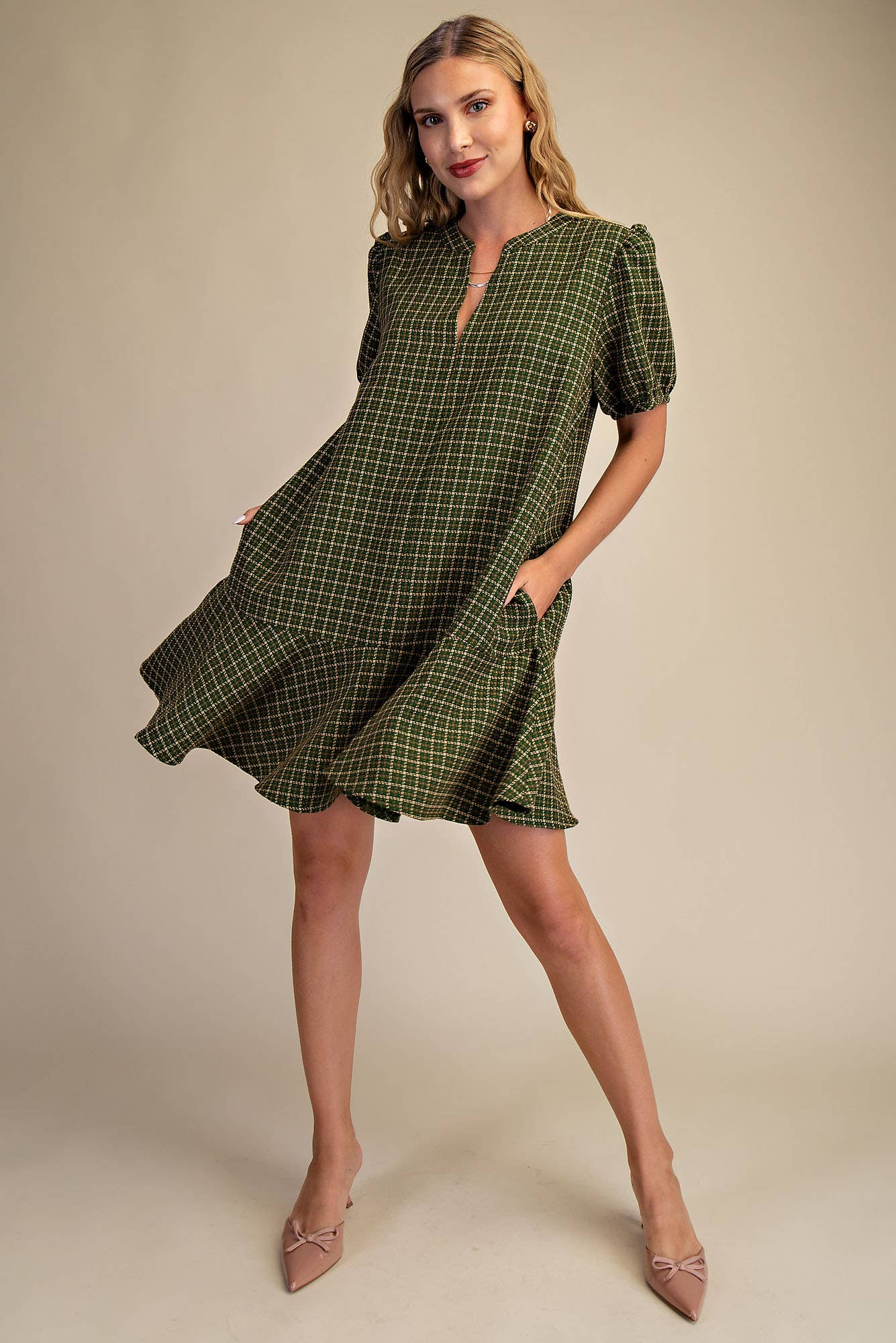 Camel Puff Sleeve Mini Dress