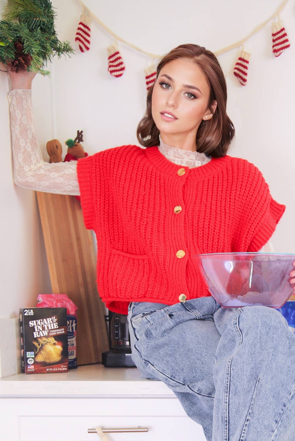 Red Oversized Button Knit Sweater