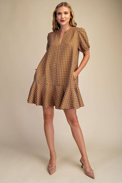 Camel Puff Sleeve Mini Dress