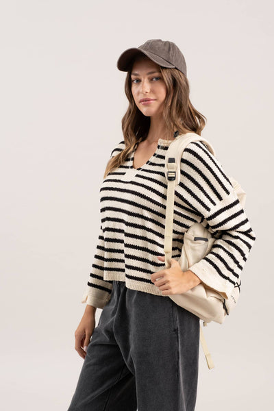 Cream Striped Split Neck Sweater