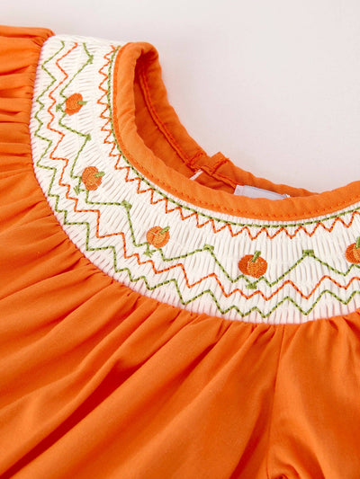 Orange Pumpkin Smock Embroidery Lace Baby Girl Romper