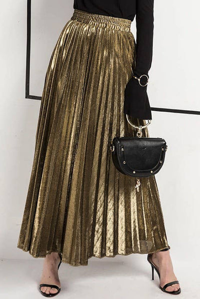 Gold Metallic Pleated Maxi Skirt