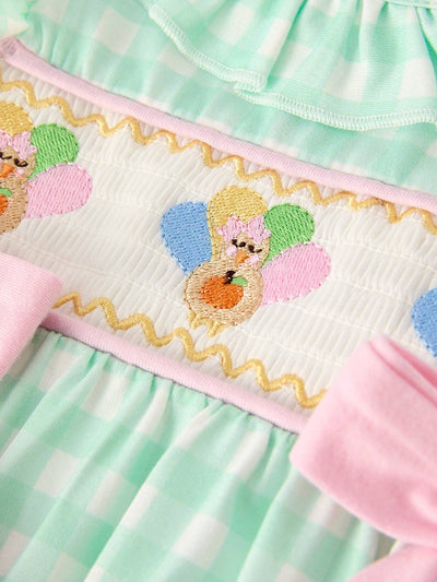Green Chicken Smock Embroidered Plaid Baby Girls Romper