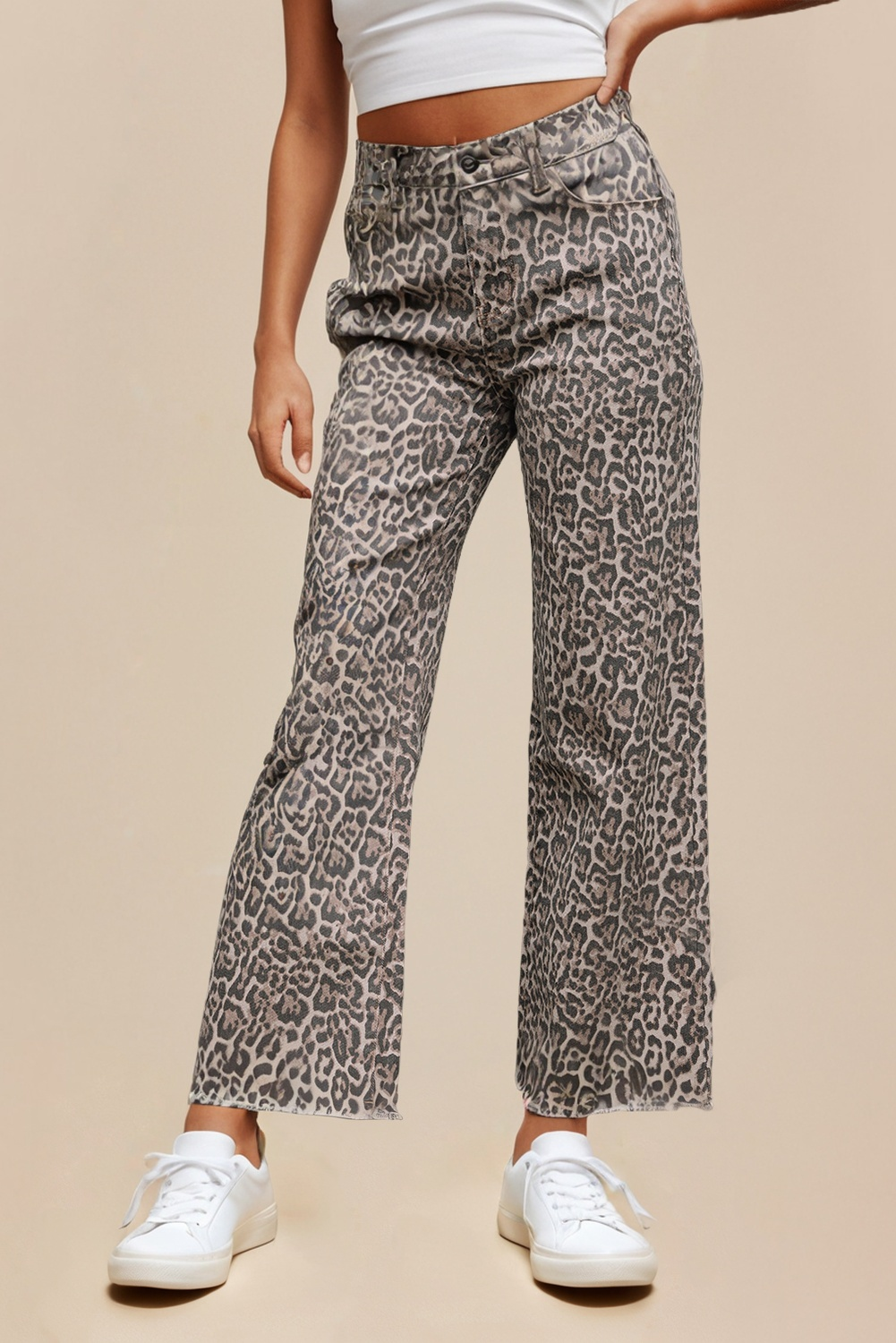 Leopard Frayed Edge Wide Leg Jeans